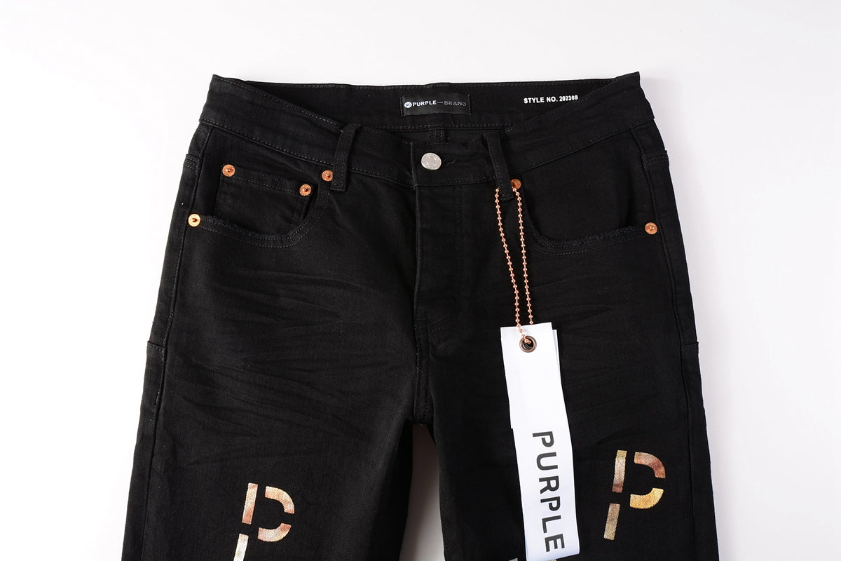 Men Streetwear Skinny Jeans Black Wash with All-Over Metallic Gold "P" Print 9008