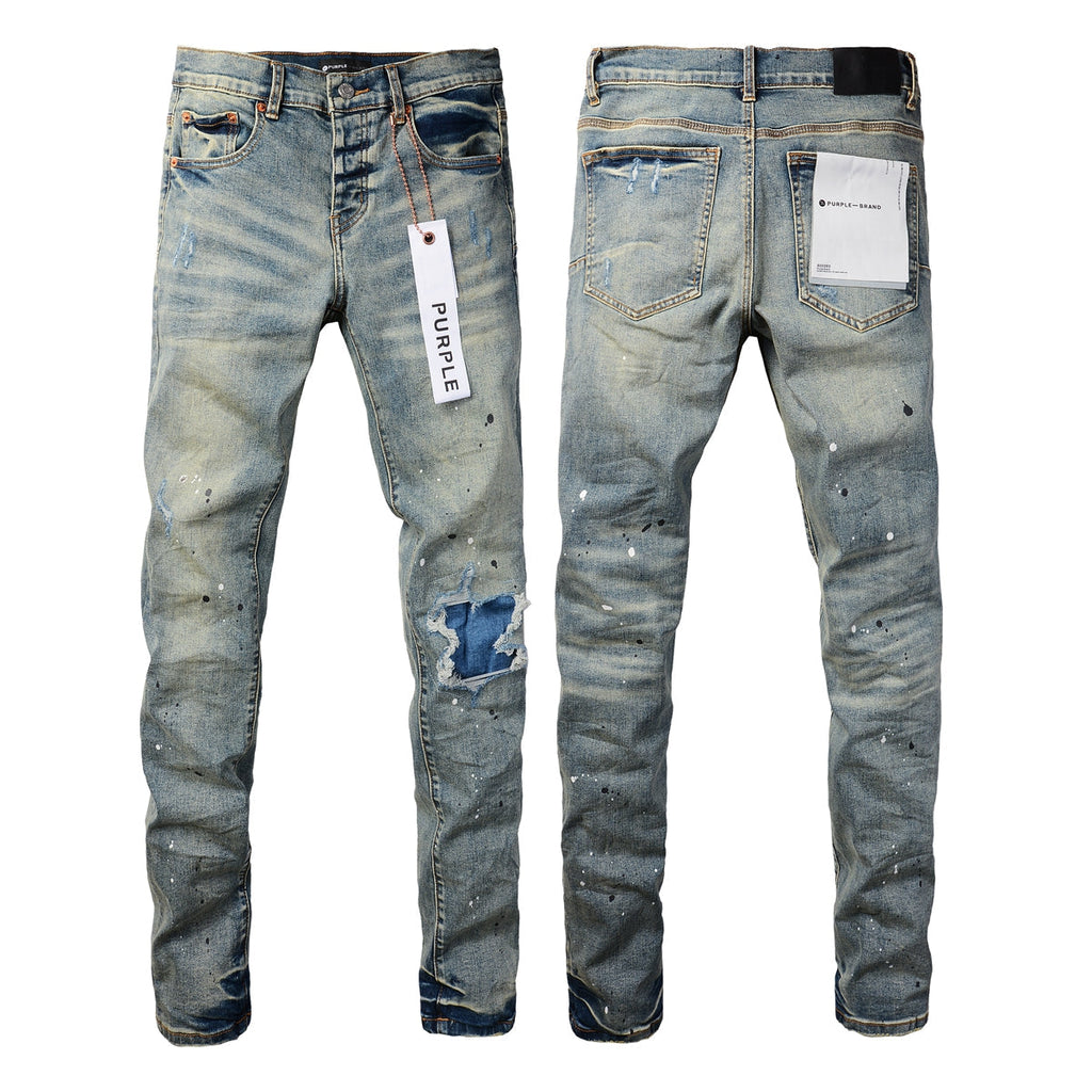 Men Streetwear Skinny Jeans Light Blue Wash with Blue Patched Rips and White Paint Splatter 9050-1