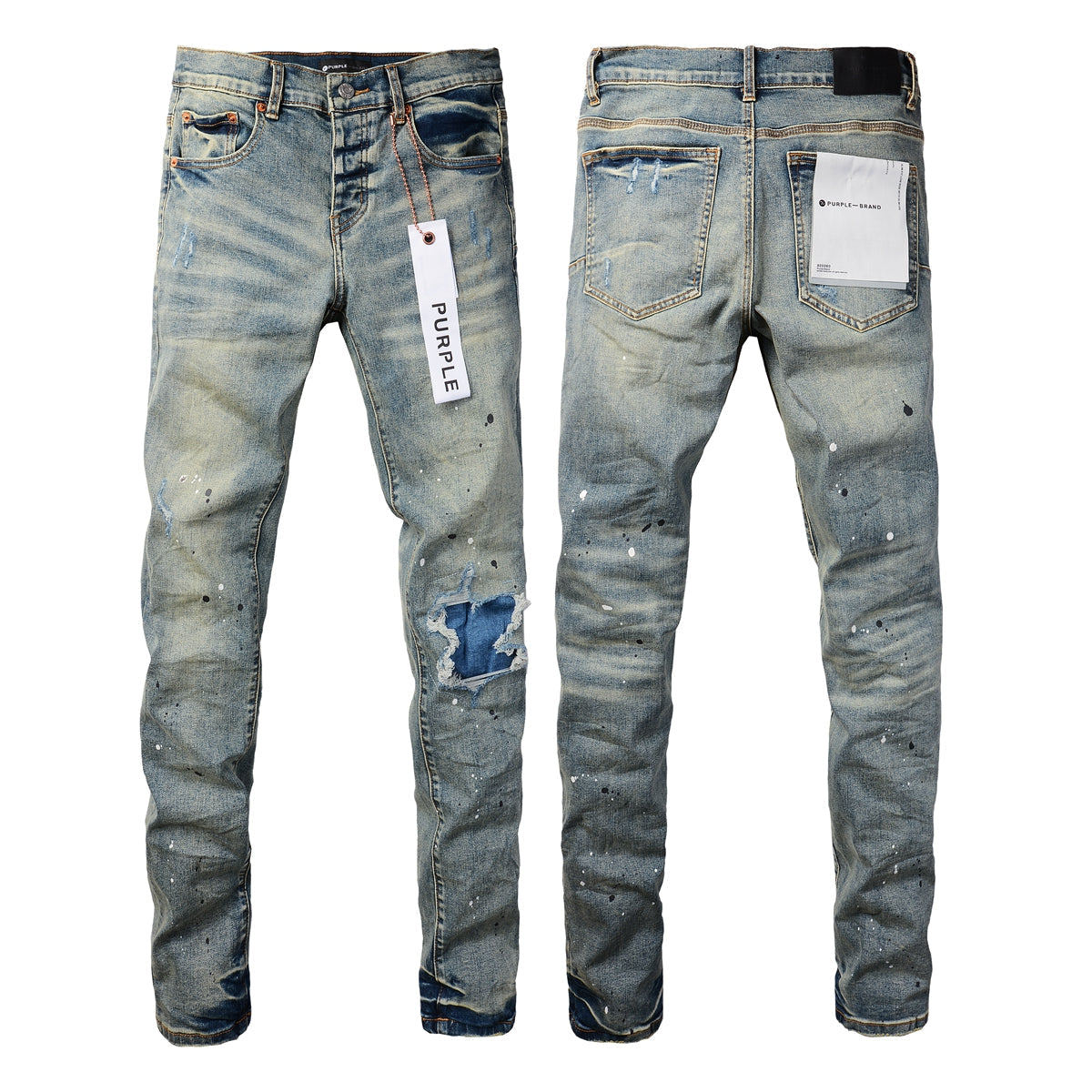 Men Streetwear Skinny Jeans Light Blue Wash with Blue Patched Rips and White Paint Splatter 9050-1