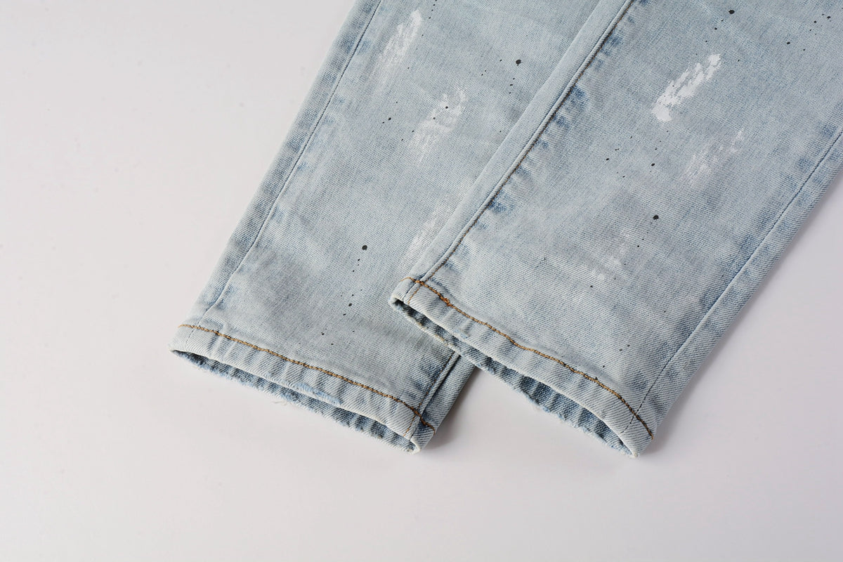 Men Streetwear Skinny Jeans Light Blue Wash with White Paint Splatter and Subtle Distress 9006