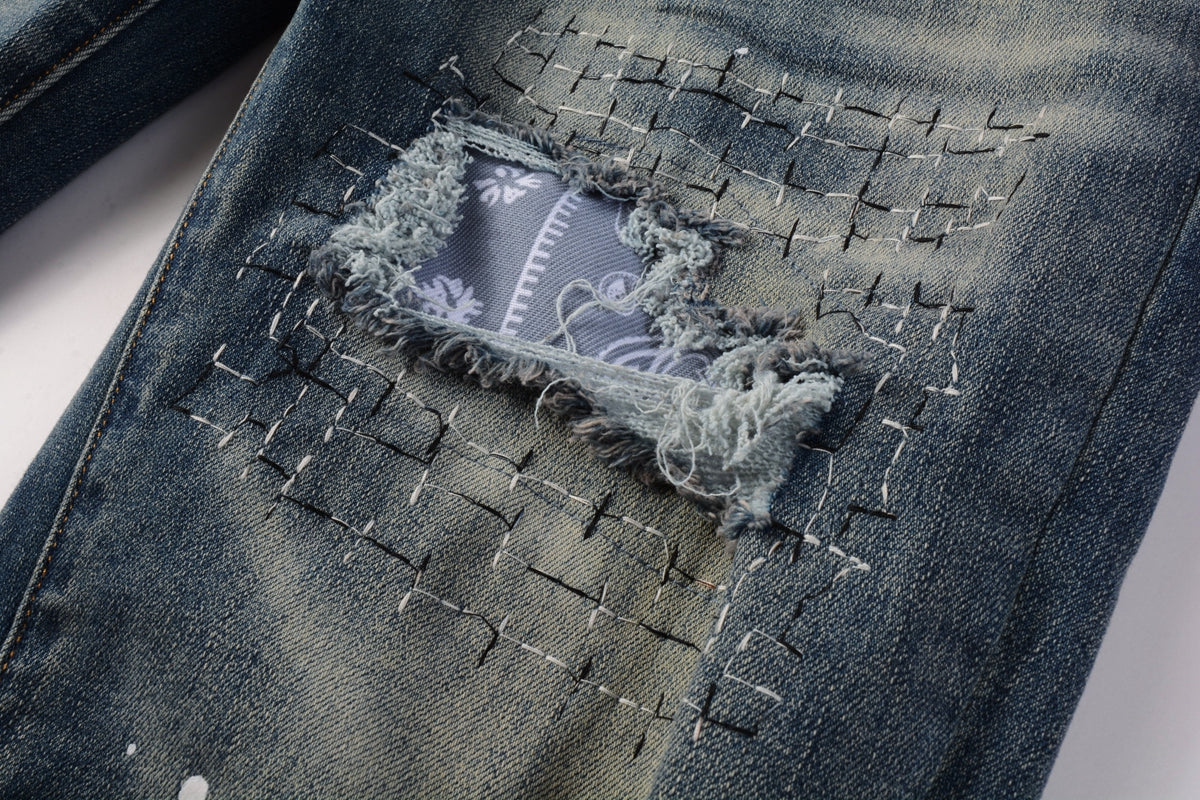 Men Streetwear Jeans Distressed Blue PatchPaint skinny Fit 9025