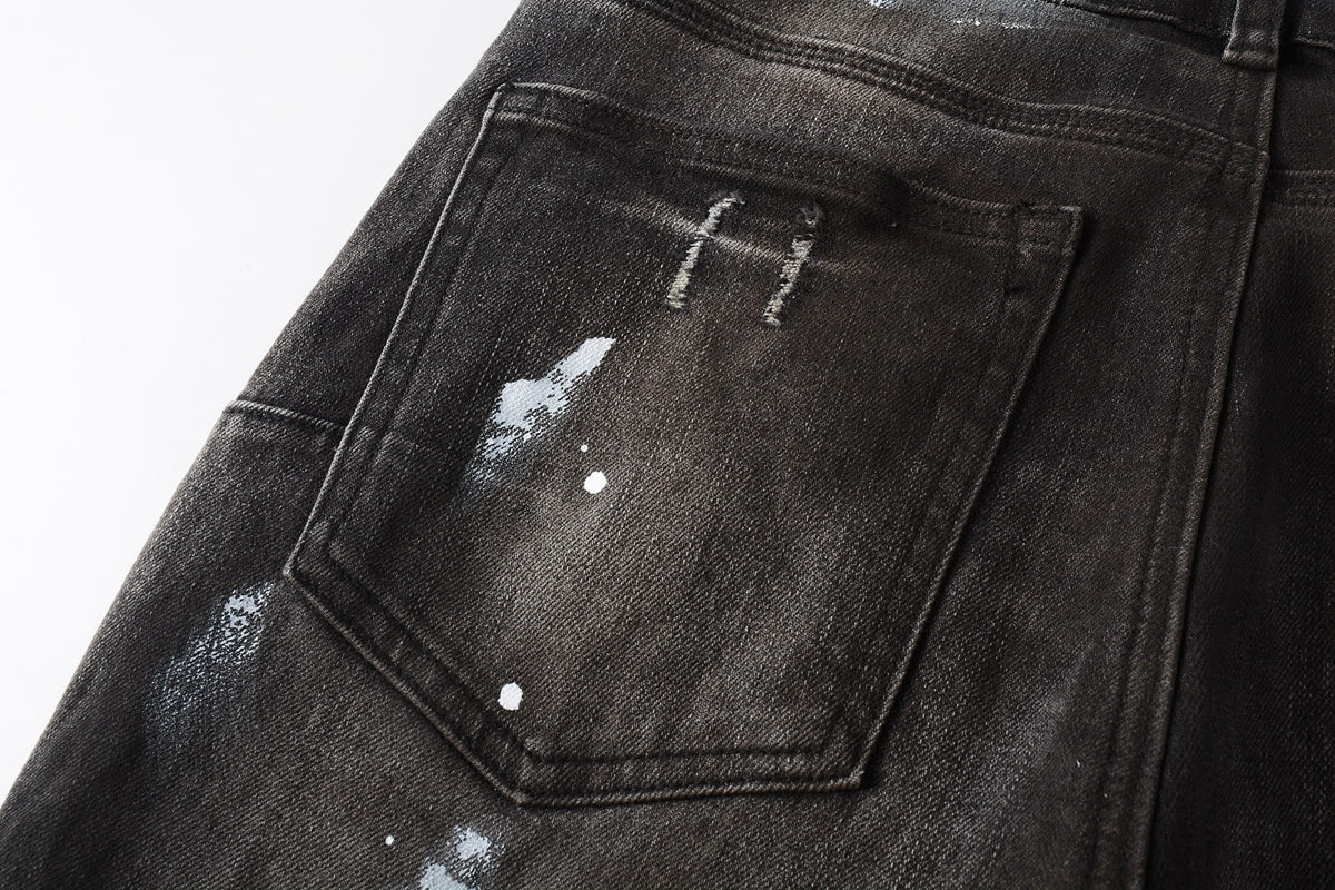 Men Streetwear Skinny Jeans Dark Gray Wash with White Paint Splatter and Distressed Rips 9030