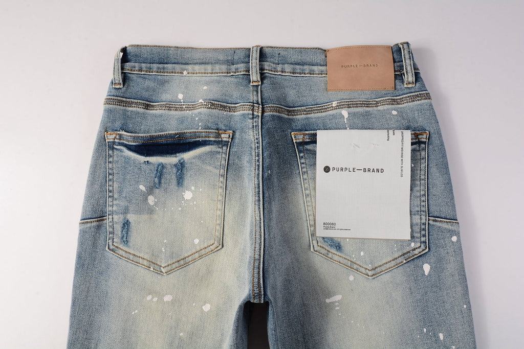Men Streetwear Skinny Jeans Light Blue Wash with Heavy Distressed Rips and White Paint Splatter 9003