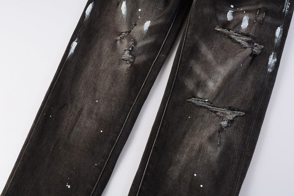 Men Streetwear Skinny Jeans Dark Gray Wash with White Paint Splatter and Distressed Rips 9030