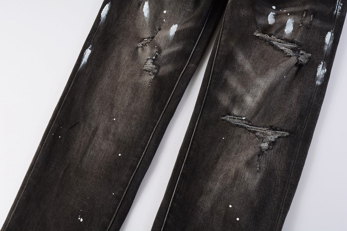 Men Streetwear Skinny Jeans Dark Gray Wash with White Paint Splatter and Distressed Rips 9030