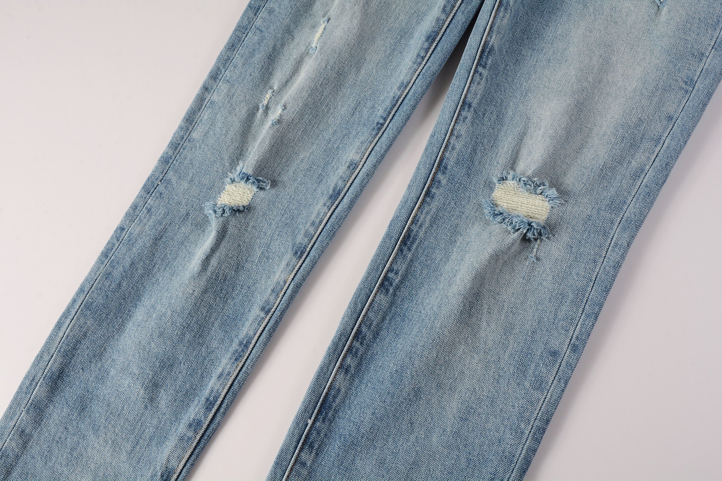 Men Streetwear Skinny Jeans Light Blue Wash with Subtle Distressed Ripped Details 9075