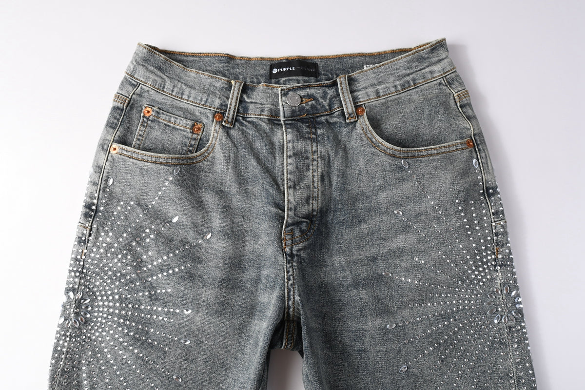 Men Streetwear Light Blue Denim Shorts with Radial White Rhinestone Designs 5093