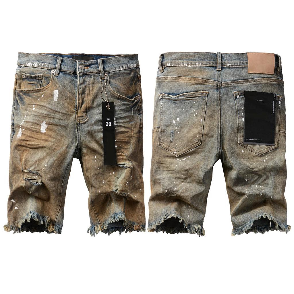 Men Streetwear Denim Shorts Brownish Wash with White Paint Splashes and Distressed Raw Hem 5012