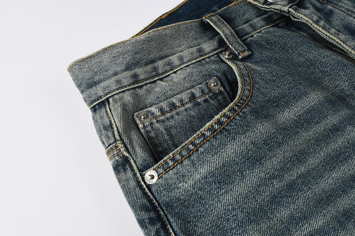 Men Vintage Streetwear Straight Jeans Blue Washed with Whisker Fade and Contrast Panels PU9120