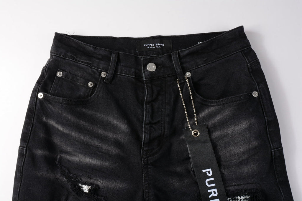 Men Streetwear Denim Shorts Black Wash with Distressed Rips and Plaid Patches 5001