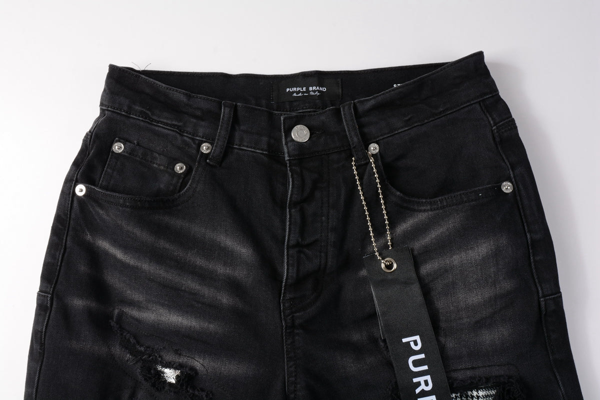 Men Streetwear Denim Shorts Black Wash with Distressed Rips and Plaid Patches 5001