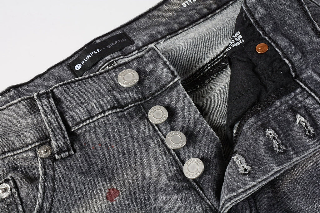 Men Streetwear Distressed Grey Skinny Jeanswith Color Paint Splatter and Knee Rips 9107