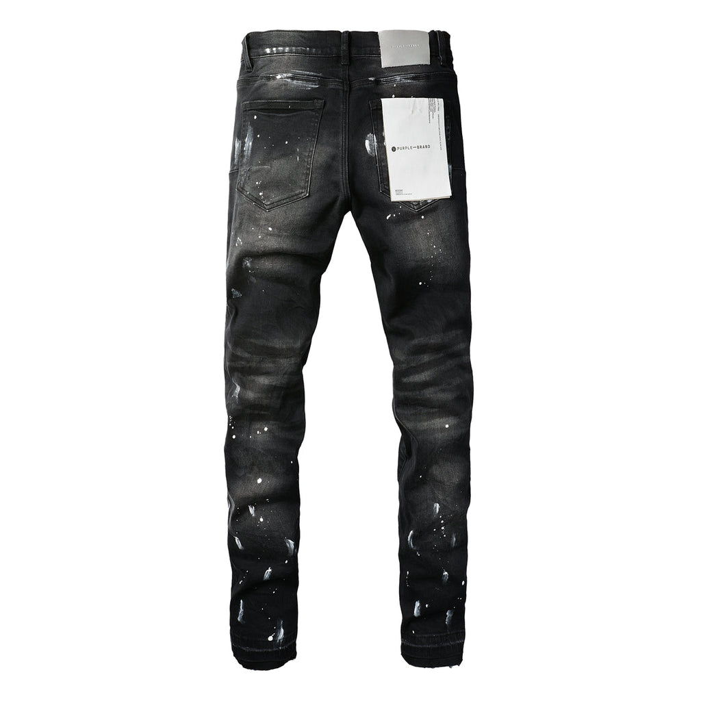 Men Streetwear Skinny Jeans Black Fade Wash with White Paint Splatter and Distressed Rips 9002