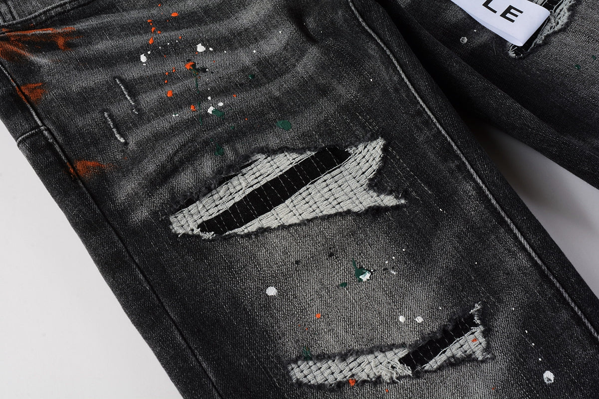Men Streetwear Skinny Jeans Dark Gray Wash with Distressed Rips and Multi-Color Paint Splatter 9018