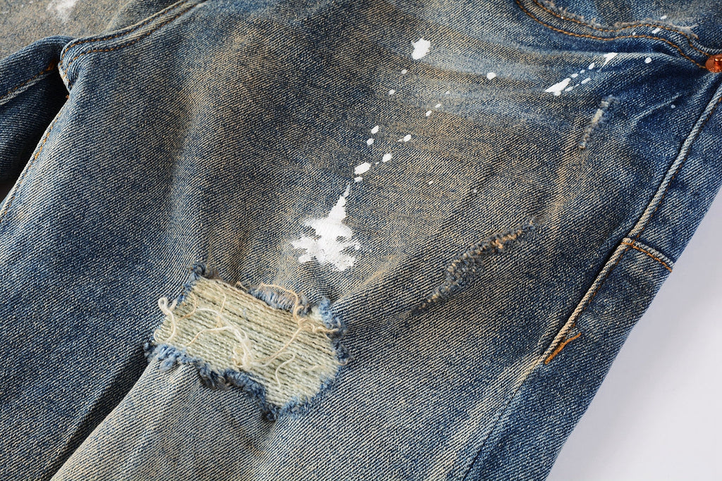 Men Streetwear Skinny Jeans Light Blue Wash with Distressed Rips and White Paint Splatter 9012