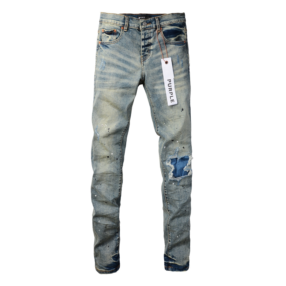 Men Streetwear Skinny Jeans Light Blue Wash with Blue Patched Rips and White Paint Splatter 9050-1