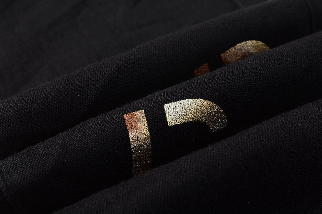 Men Streetwear Skinny Jeans Black Wash with All-Over Metallic Gold "P" Print 9008