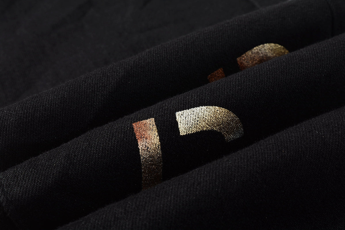 Men Streetwear Skinny Jeans Black Wash with All-Over Metallic Gold "P" Print 9008