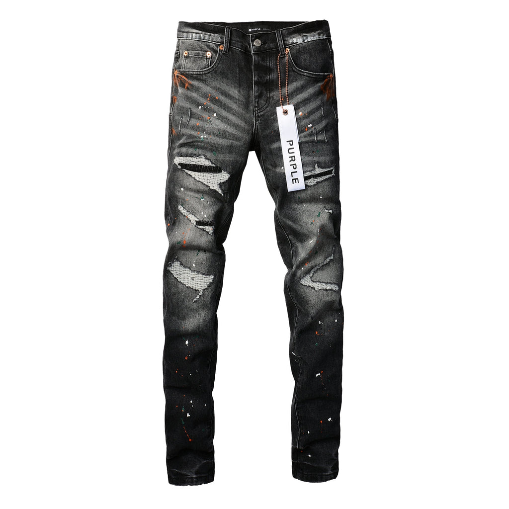 Men Streetwear Skinny Jeans Dark Gray Wash with Distressed Rips and Multi-Color Paint Splatter 9018