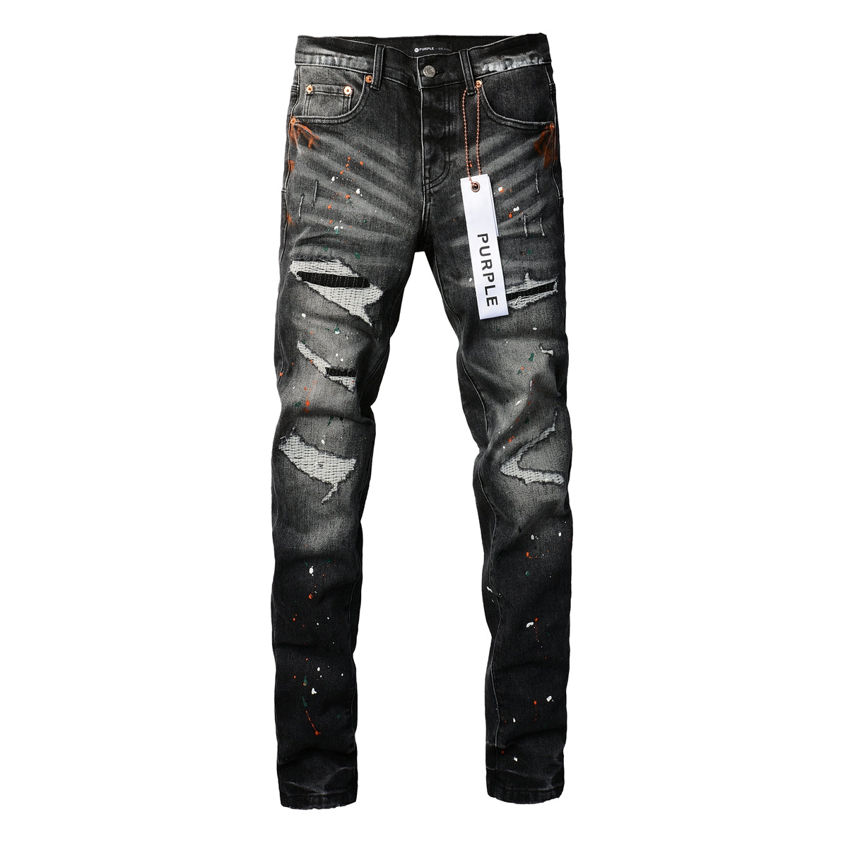 Men Streetwear Skinny Jeans Dark Gray Wash with Distressed Rips and Multi-Color Paint Splatter 9018