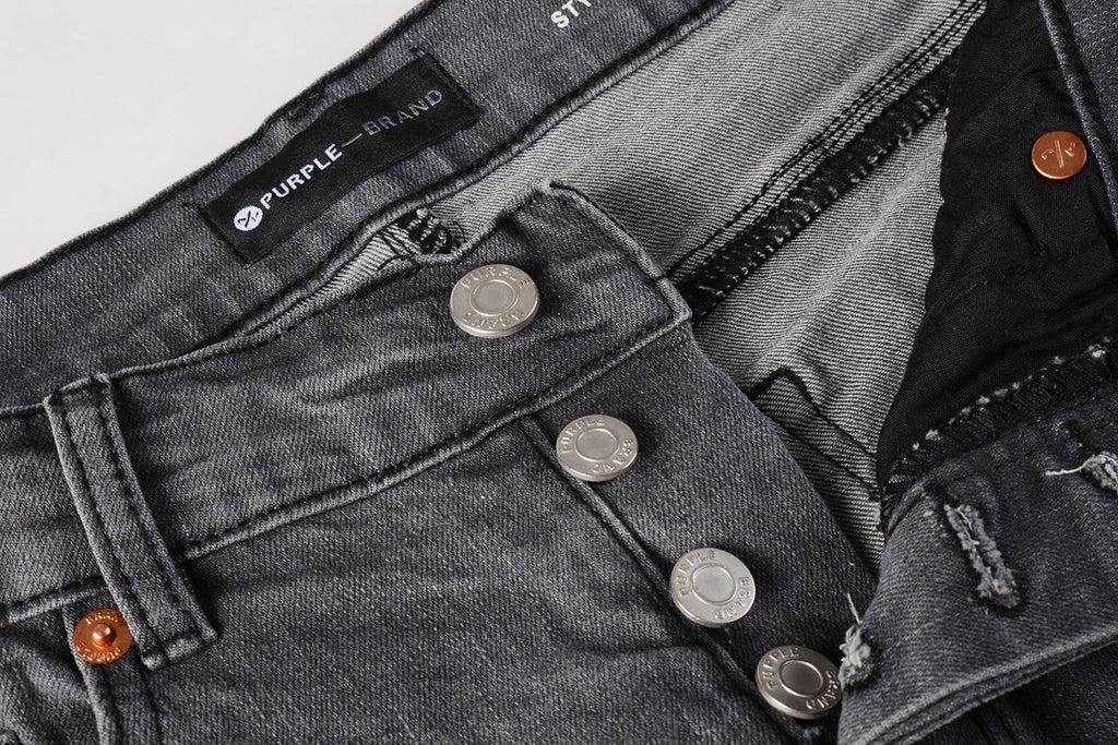 Men Streetwear Skinny Jeans Dark Gray Wash with Knee Rips and White Paint Splatter 9039