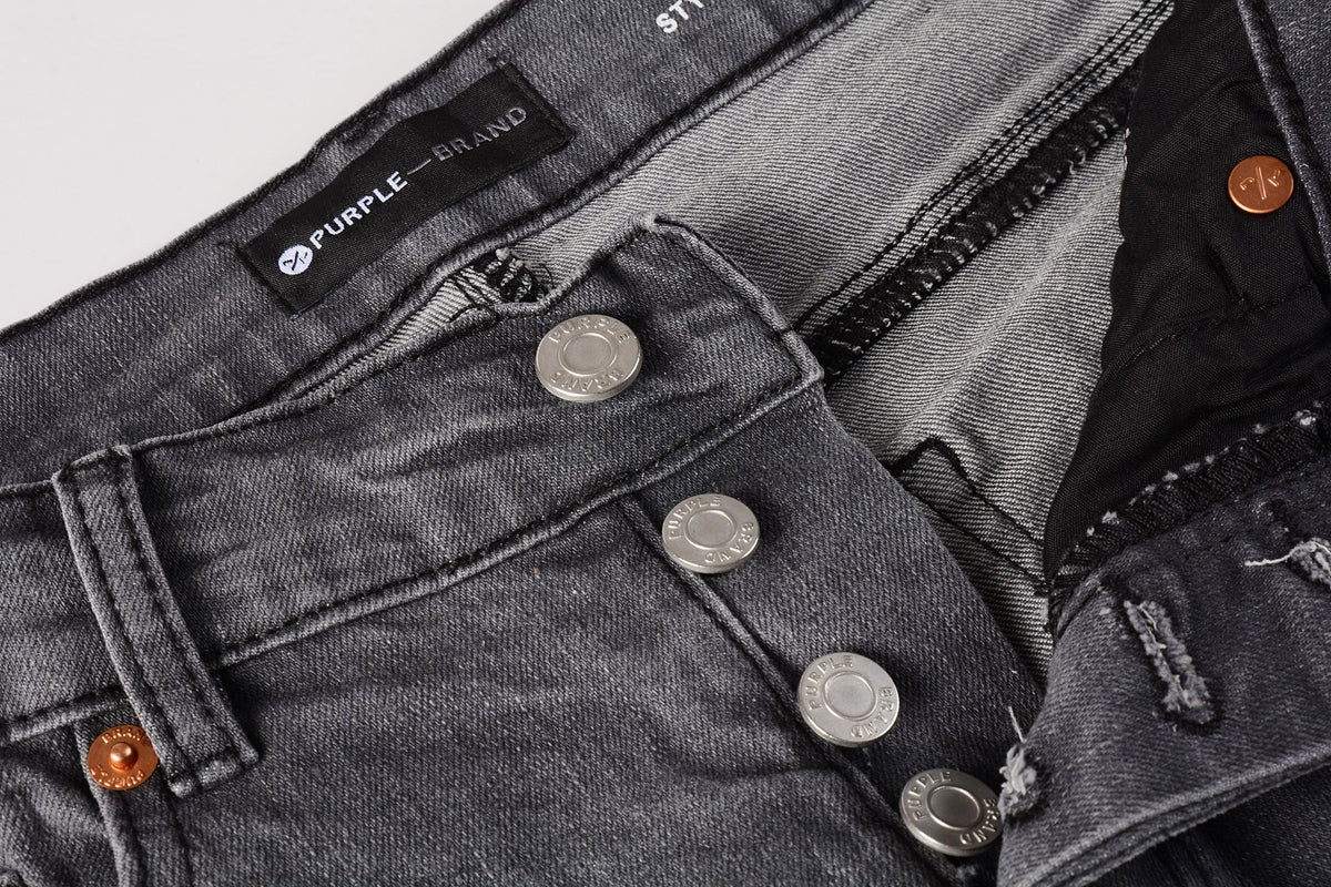 Men Streetwear Skinny Jeans Dark Gray Wash with Knee Rips and White Paint Splatter 9039