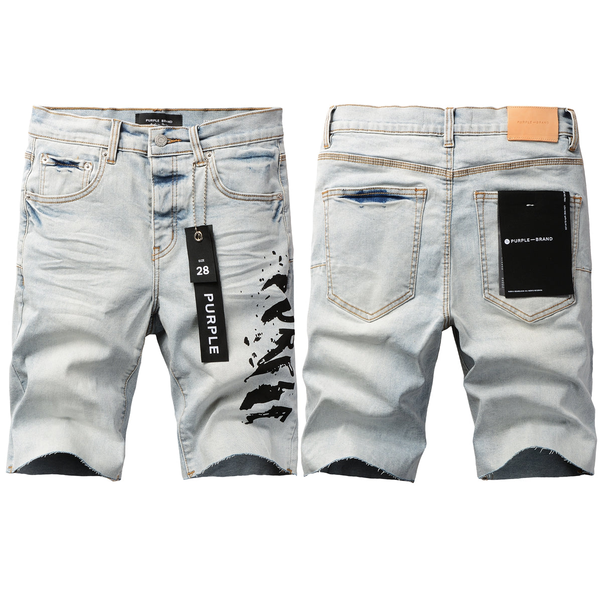 Men Streetwear Denim Shorts Light Blue Wash with Black Paint Streak Print and Raw Hem 5048