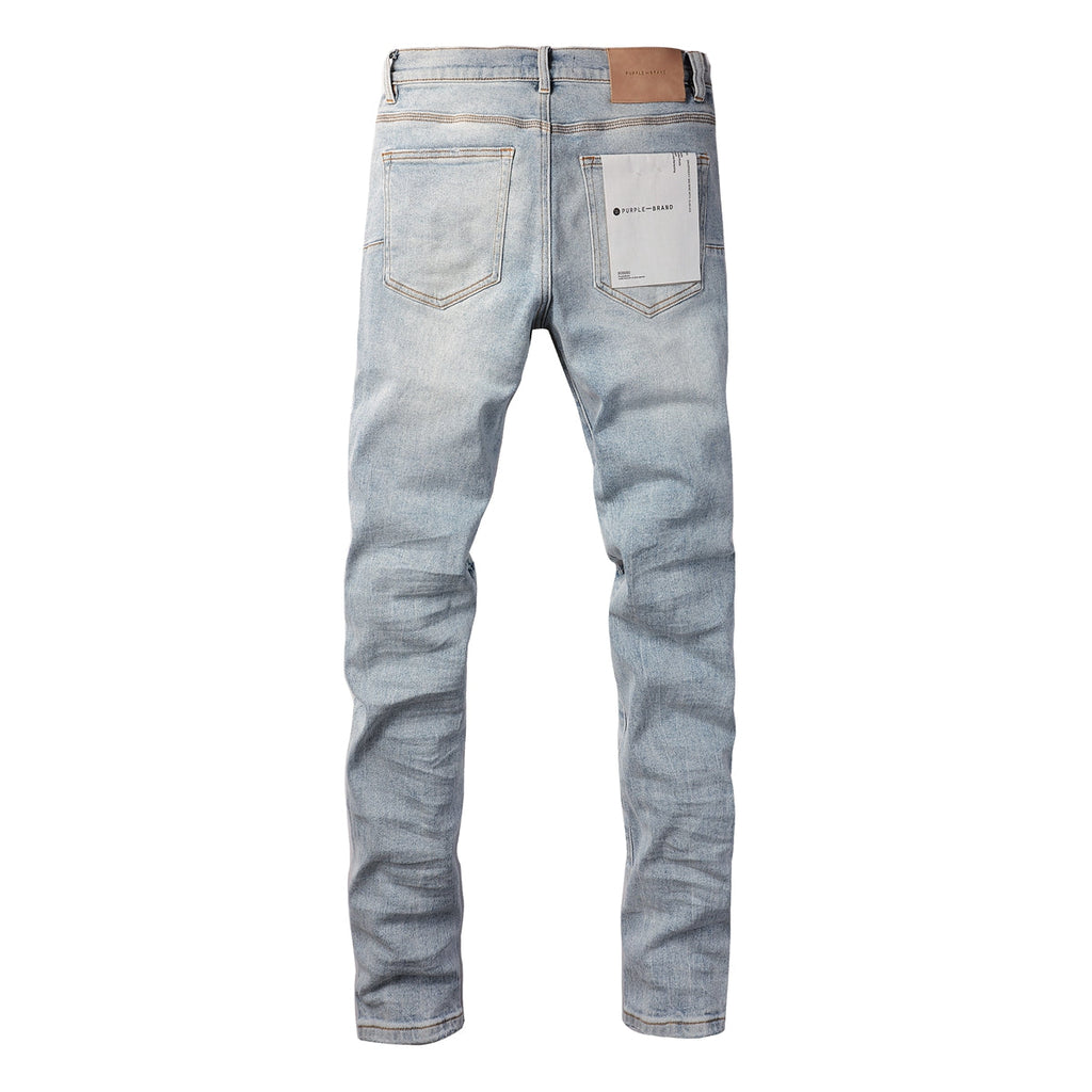 Men Streetwear Skinny Jeans Light Blue Wash with Knee Ripped Details and Black Lining 9010