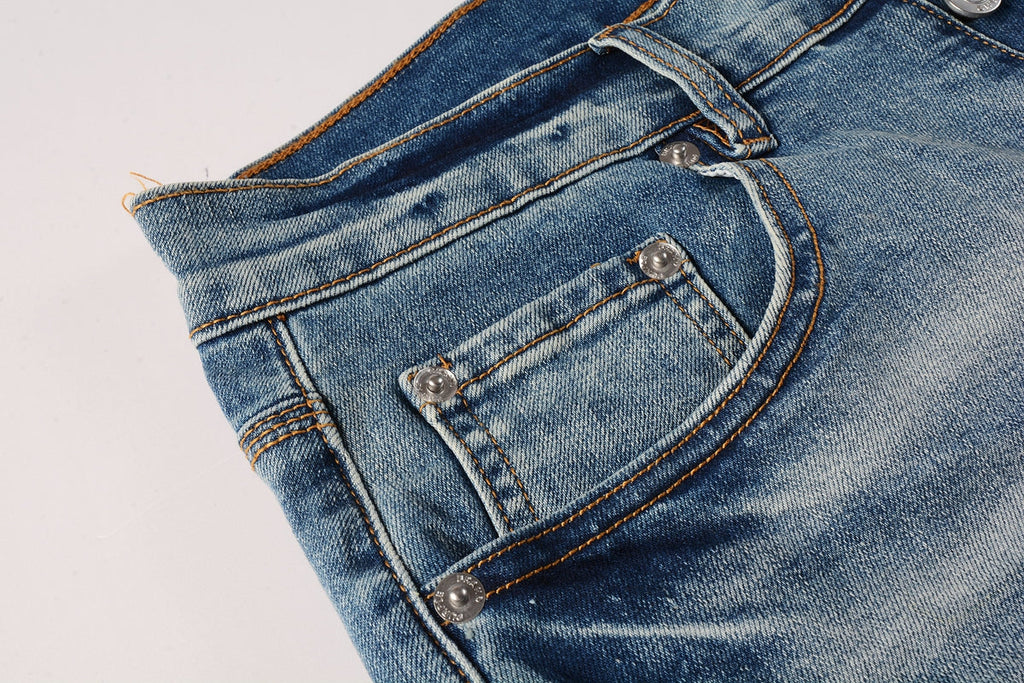 Men Streetwear Denim Shorts Light Blue Wash with Distressed Rips and Contrast Blue Hem 5013