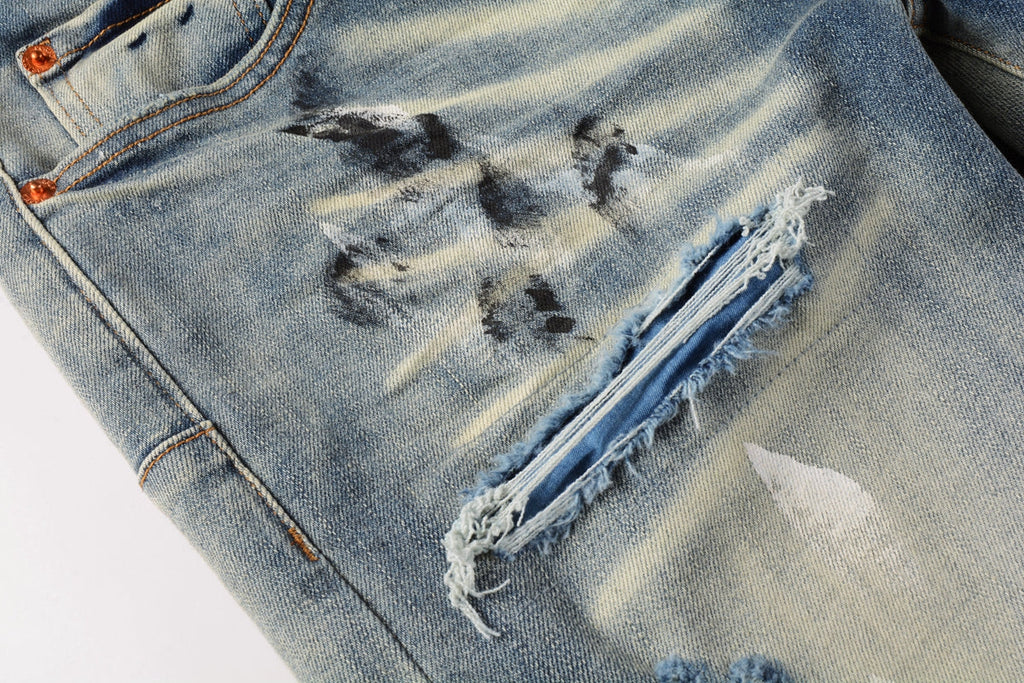 Men Classic Streetwear Jeans DistressedBlue Paint Slash Skinny 9037