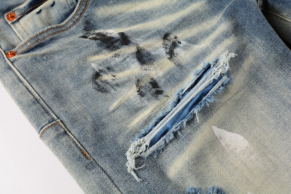 Men Classic Streetwear Jeans DistressedBlue Paint Slash Skinny 9037
