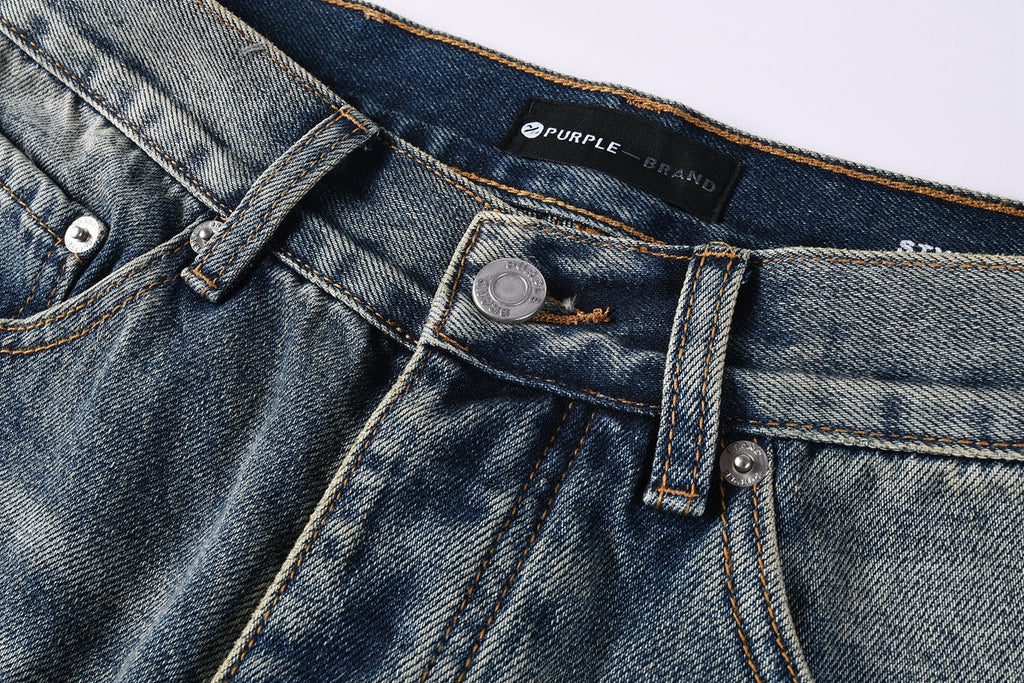 Men Vintage Streetwear Straight Jeans Blue Washed with Whisker Fade and Contrast Panels PU9120