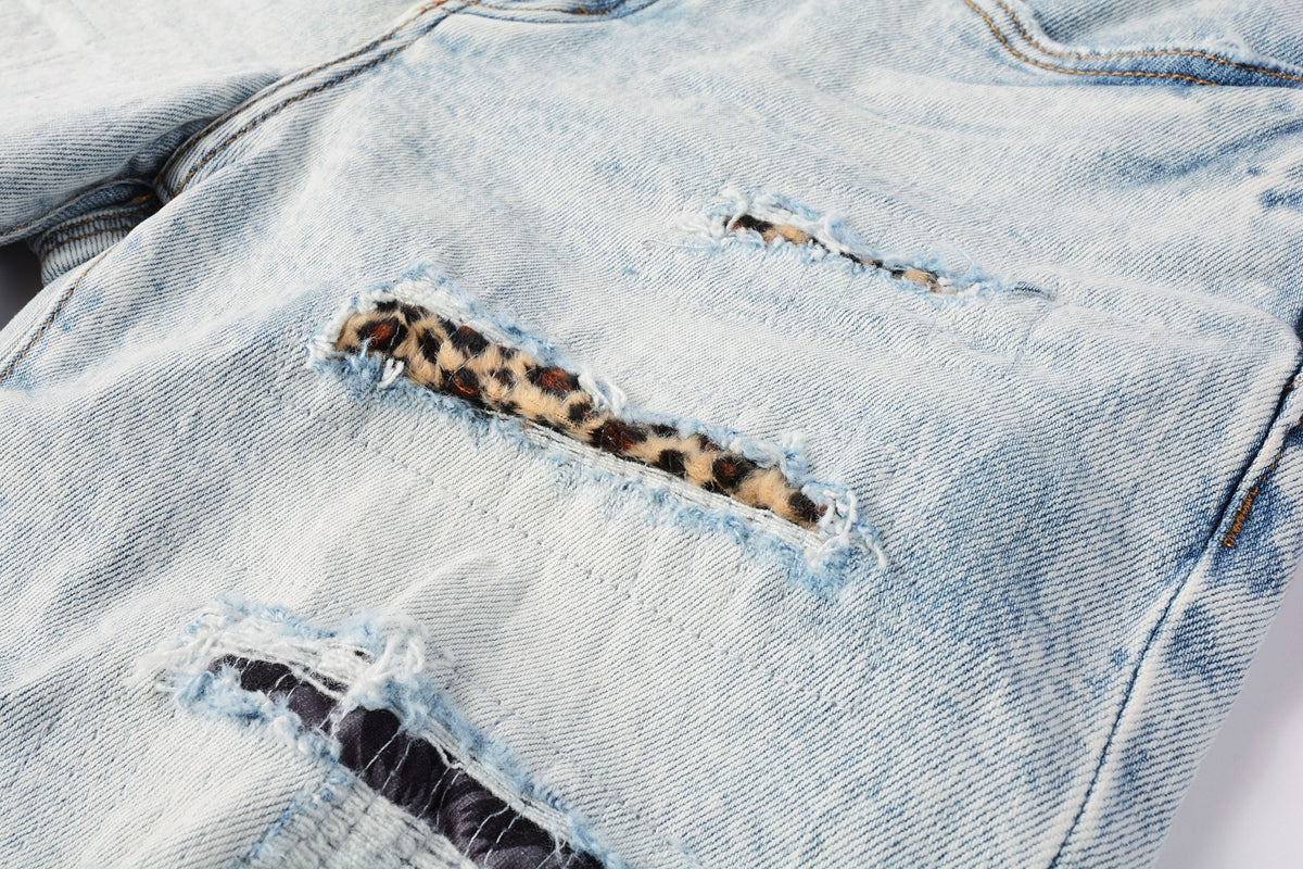 Men Streetwear Denim Shorts Light Blue Wash with Leopard Print Patched Rips 5087