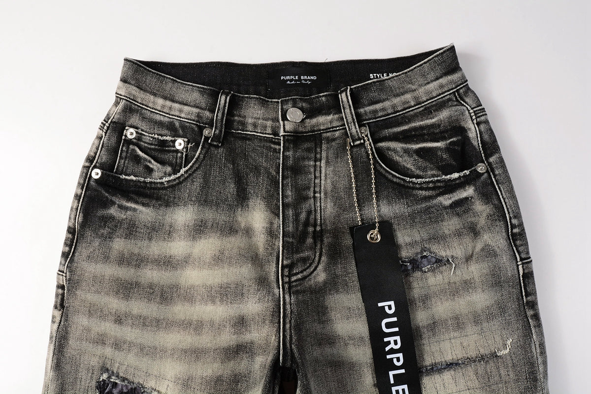 Men Streetwear Denim Shorts Grey Black Wash with Leopard Print Ripped Details and Raw Hem 5068