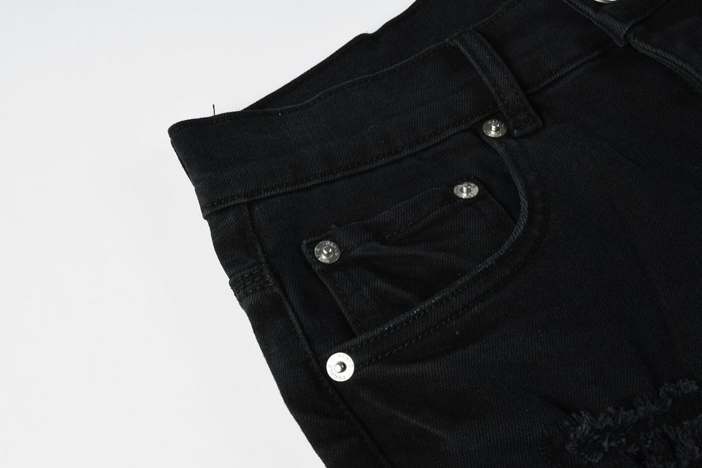 Men Streetwear Black Denim Shorts with Distressed Ripped Details and Raw Hem 5108