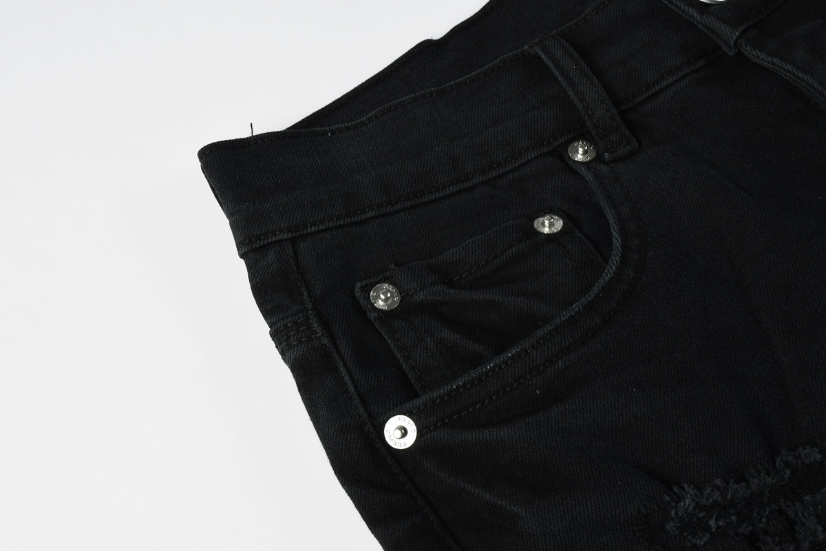 Men Streetwear Black Denim Shorts with Distressed Ripped Details and Raw Hem 5108