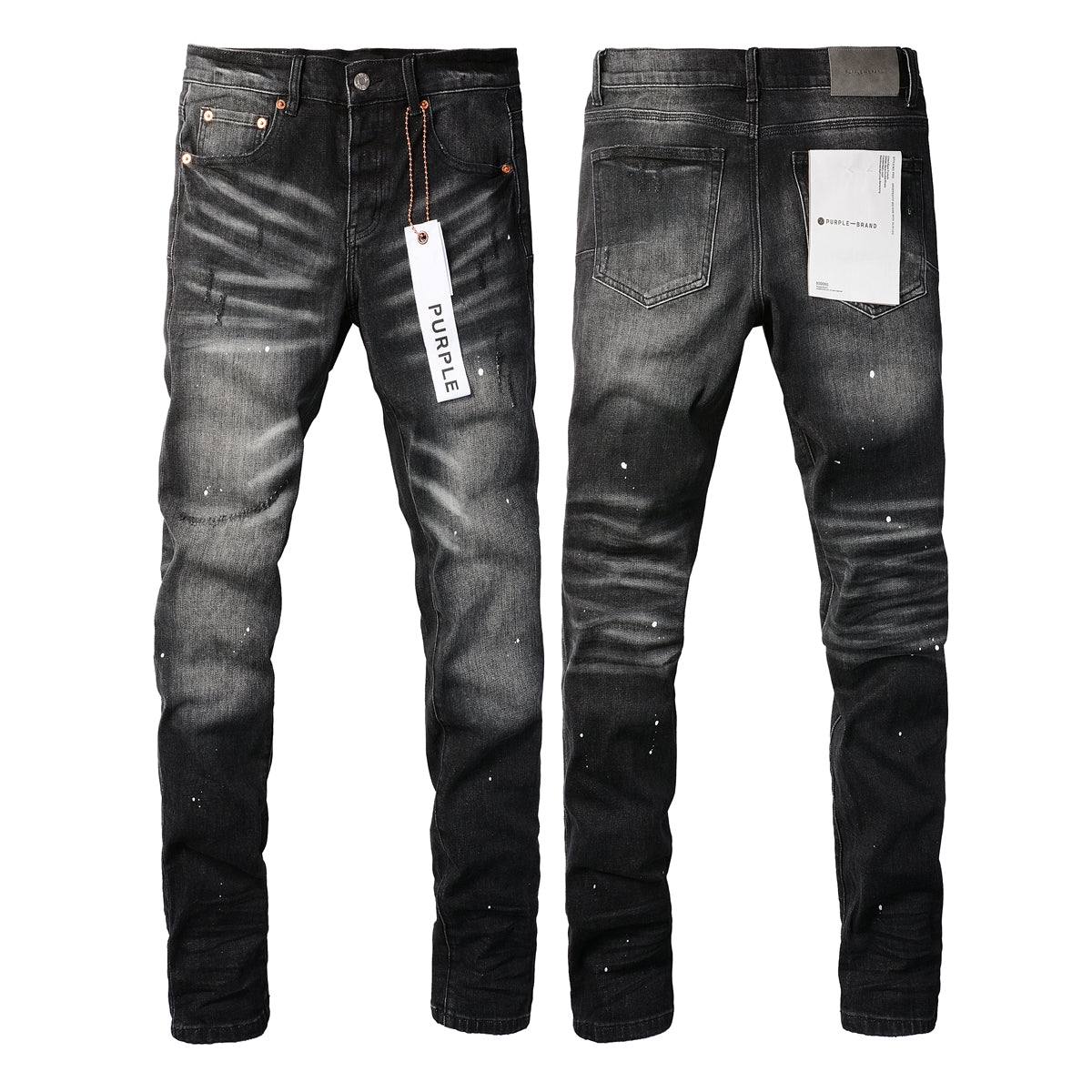 Men Streetwear Skinny Jeans Black - Gray Fade Wash with White Paint Specks 9027