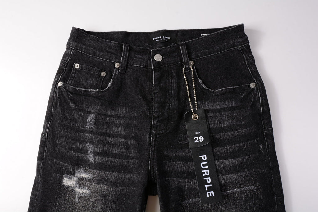 Men Streetwear Denim Shorts Black Wash with Distressed Rips and Raw Hem 5083