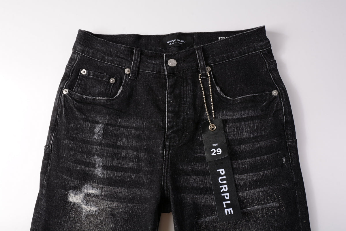 Men Streetwear Denim Shorts Black Wash with Distressed Rips and Raw Hem 5083