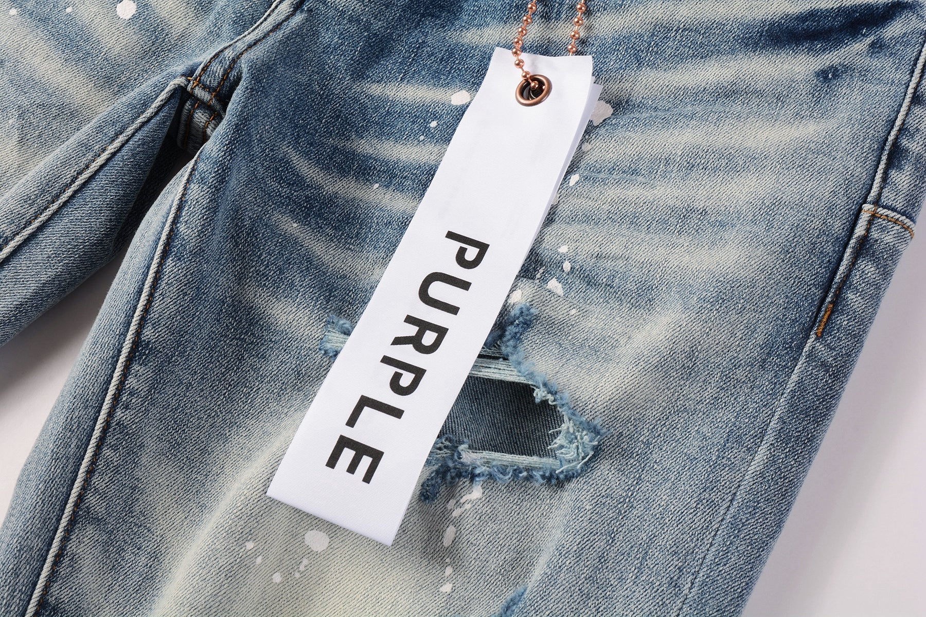 Men Streetwear Skinny Jeans Light Blue Wash with Heavy Distressed Rips and White Paint Splatter 9003