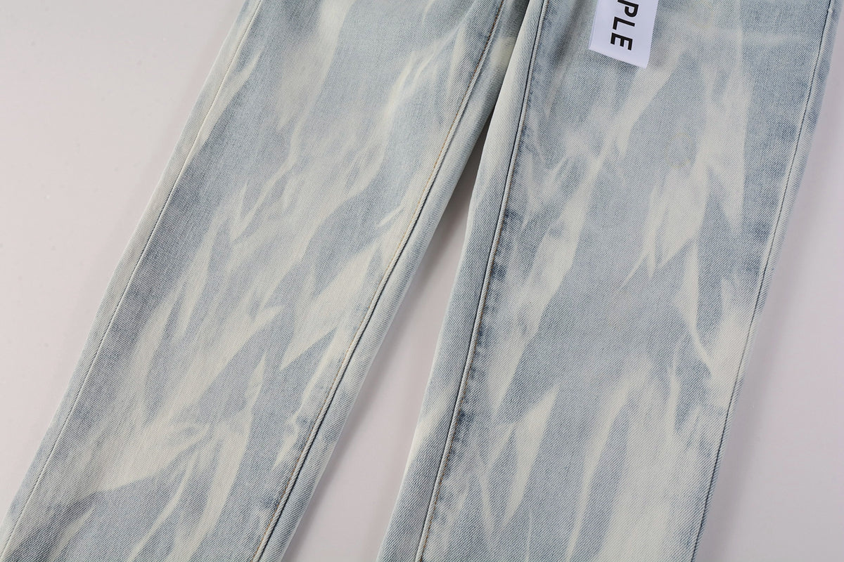Men Streetwear Skinny Jeans Light Blue Wash with White Brushstroke Texture 7017