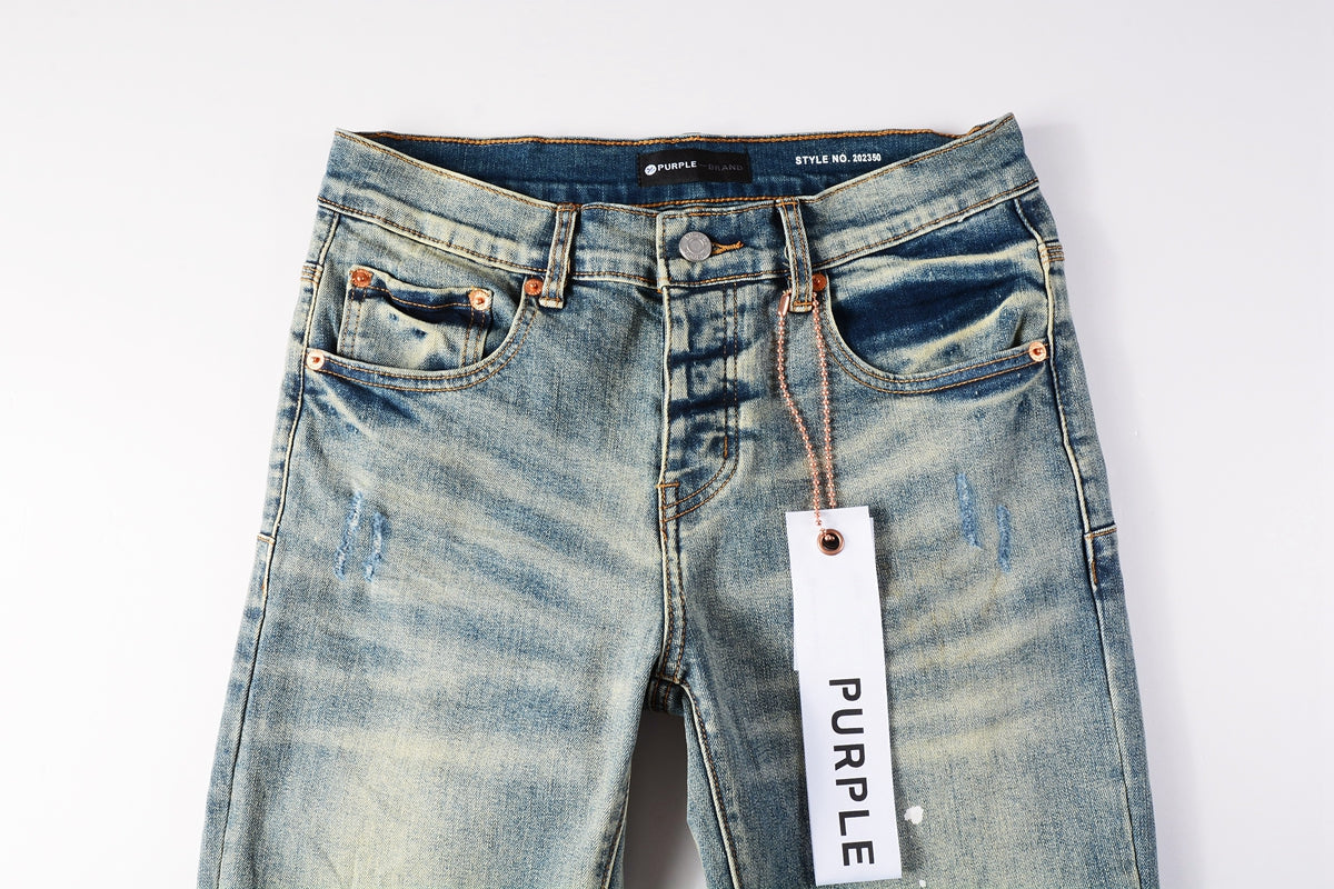 Men Streetwear Skinny Jeans Light Blue Wash with Blue Patched Rips and White Paint Splatter 9050-1