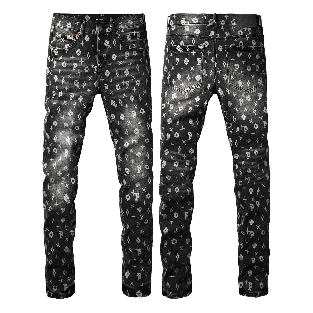 Men Classic Street Skinny Jeans Dark Grey Monogram Print All Over Distressed Style 9112