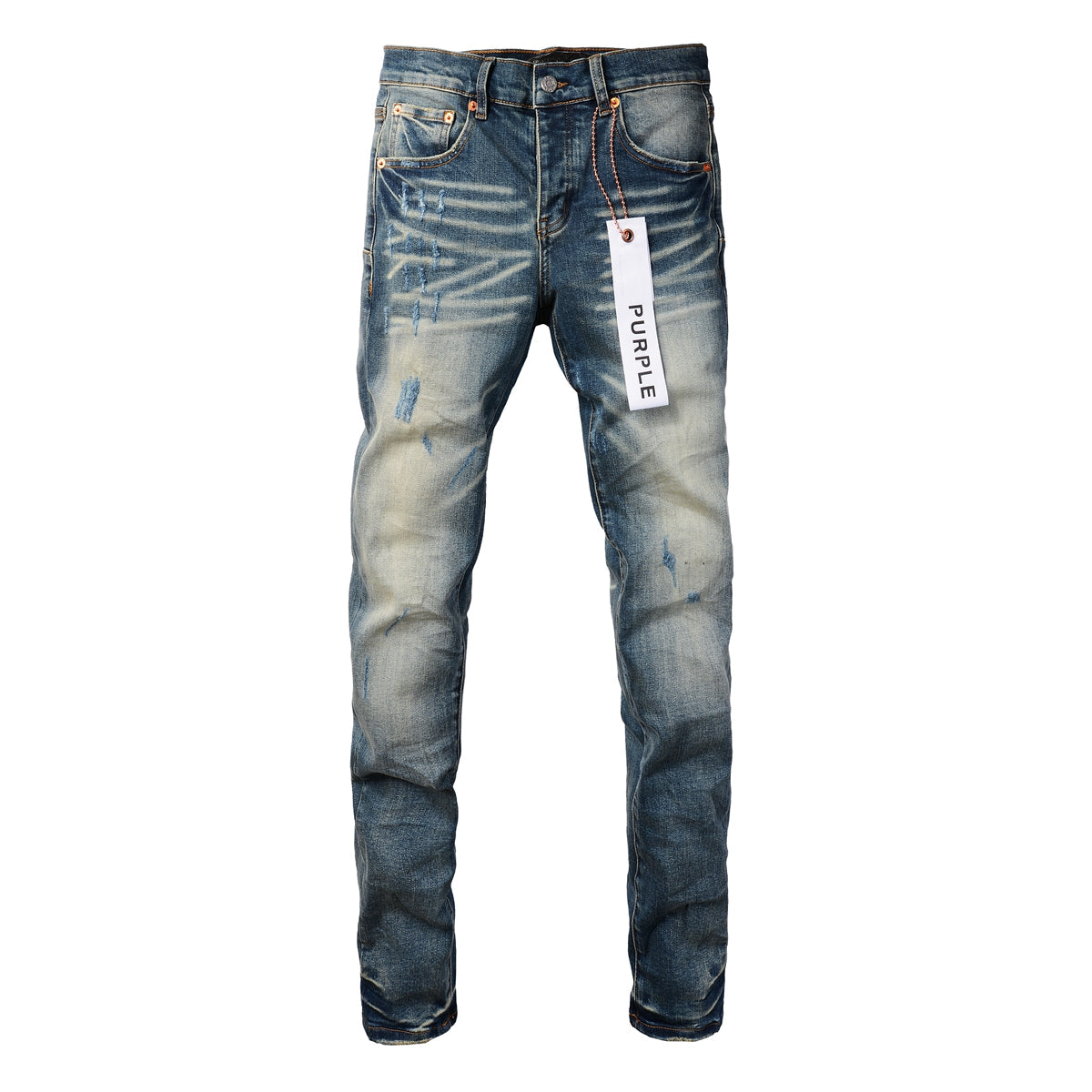 Men Streetwear Skinny Jeans Light Blue Wash with Vintage Faded Wash and Subtle Distress 9055