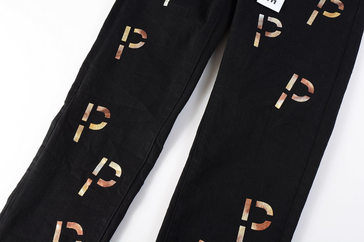 Men Streetwear Skinny Jeans Black Wash with All-Over Metallic Gold "P" Print 9008