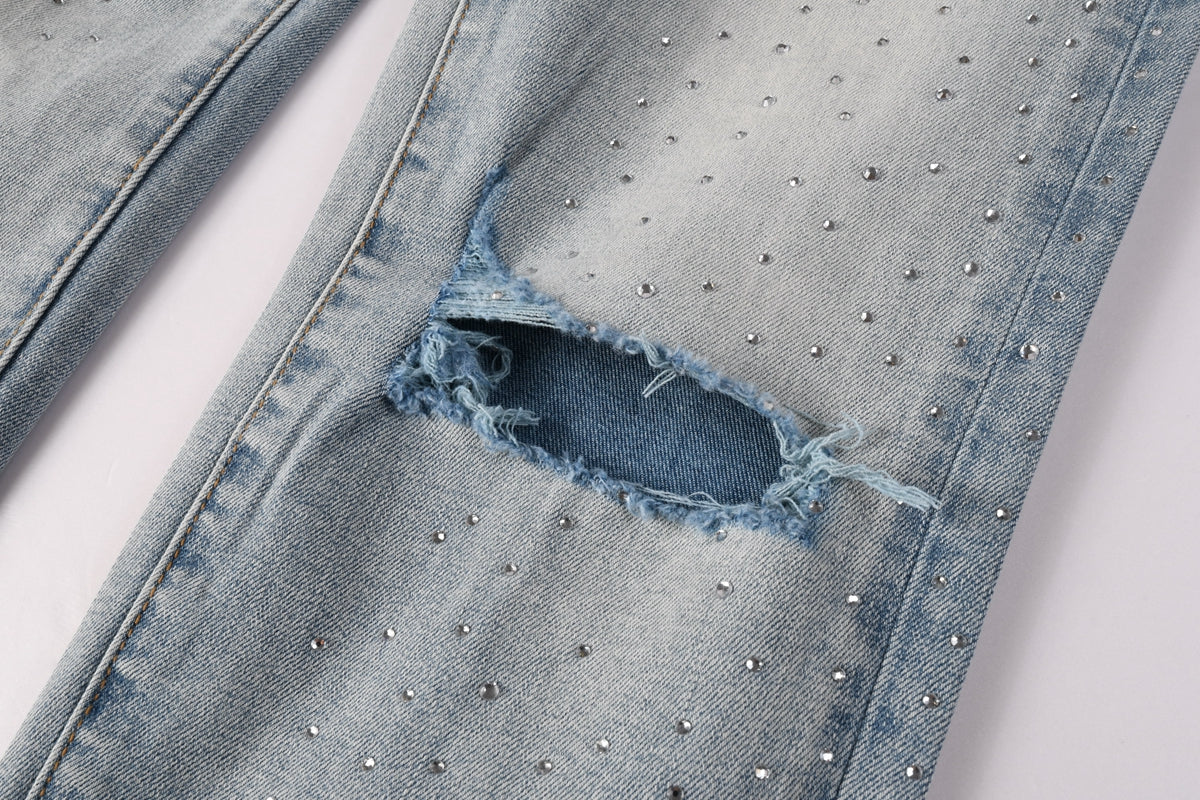Men Streetwear Skinny Jeans Light Blue with Rhinestone Studs and Distressed Details PU9119