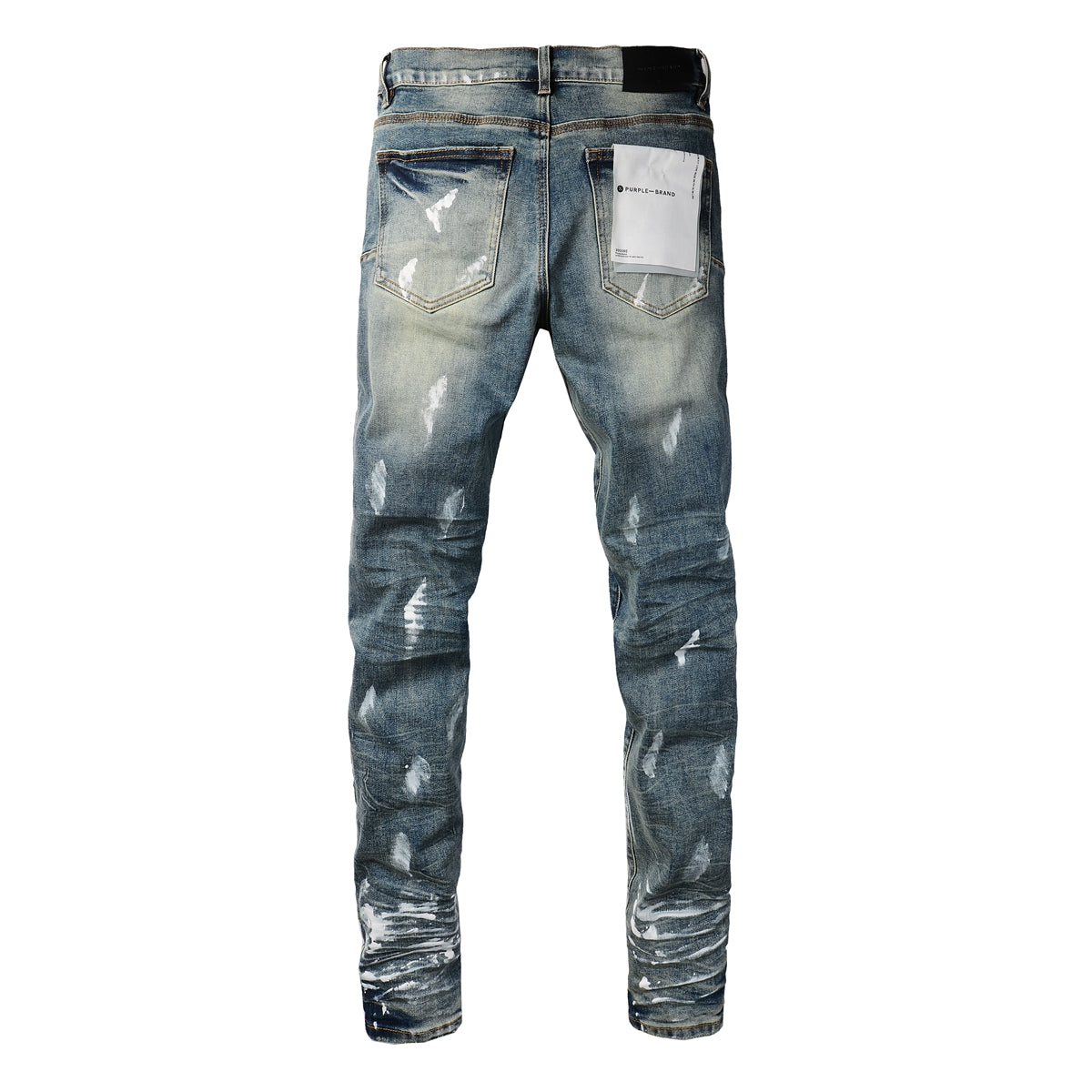 Men Streetwear Skinny Jeans Light Blue Wash with White Paint Brush Strokes 9060