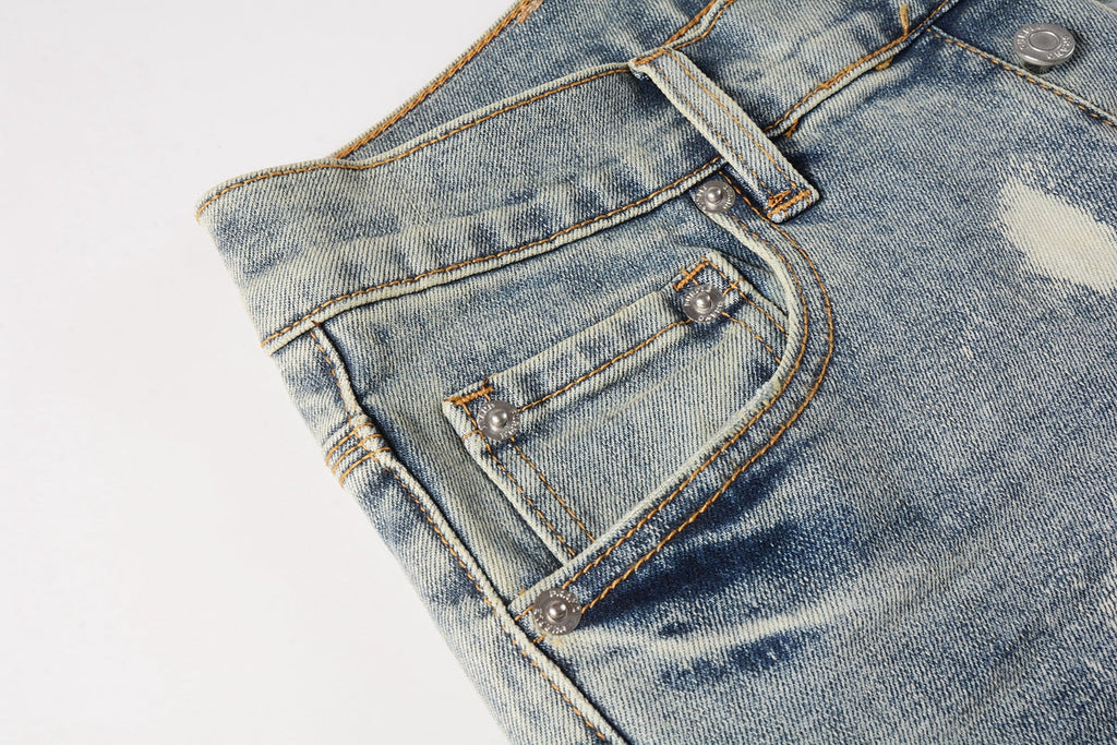 Men Streetwear Jeans Distressed Light Blue Paint Dot Ripped skinny 9092