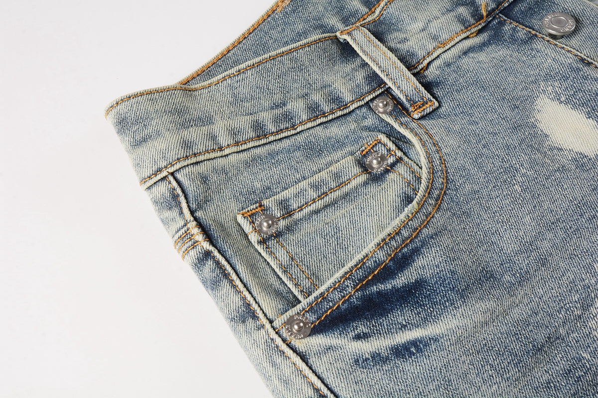 Men Streetwear Jeans Distressed Light Blue Paint Dot Ripped skinny 9092