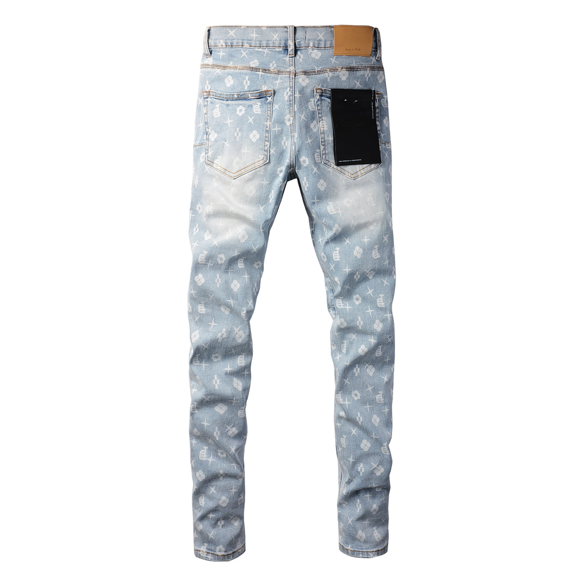 Men Streetwear Skinny Jeans Light Blue Wash with All - Over Pattern Print 9089